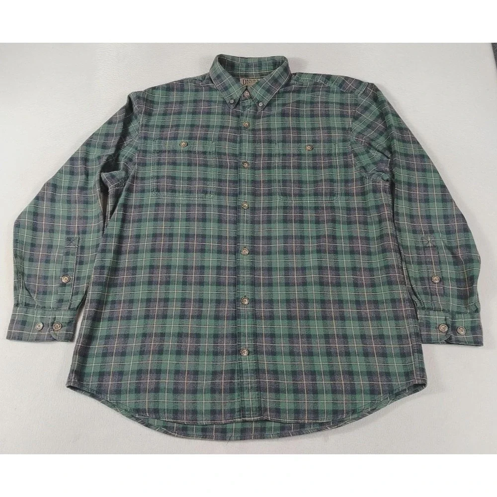 Duluth Trading Co Free Swingin Flannel Shirt Mens Large Green Plaid Workwear